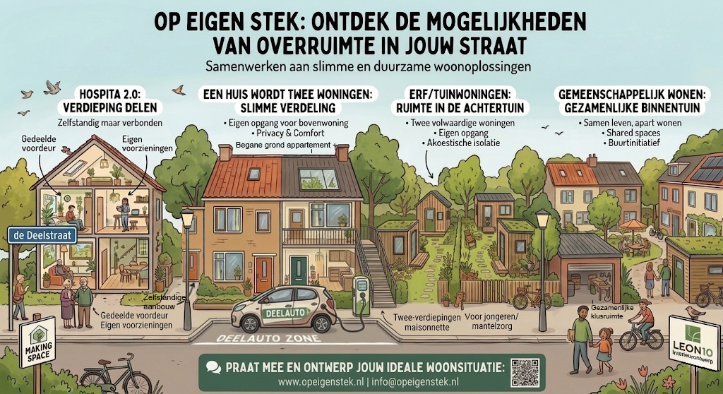 Praatplaat van Op Eigen Stek die mogelijke woonroutes in een bestaande woning zichtbaar maakt, zoals een zolder, aanbouw of bijgebouw die een eigen woonplek kunnen worden.