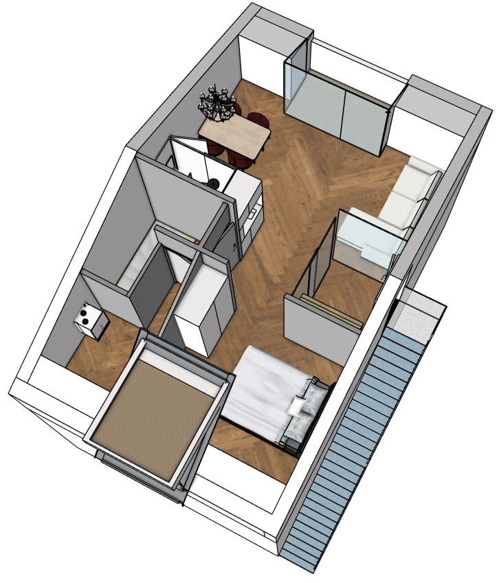 Ontwerpvoorbeeld van een aangepaste zolderverdieping in een jarenzestig-hoekwoning
